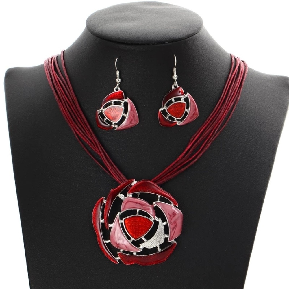 Elegant Red Floral Statement Necklace and Earring Set